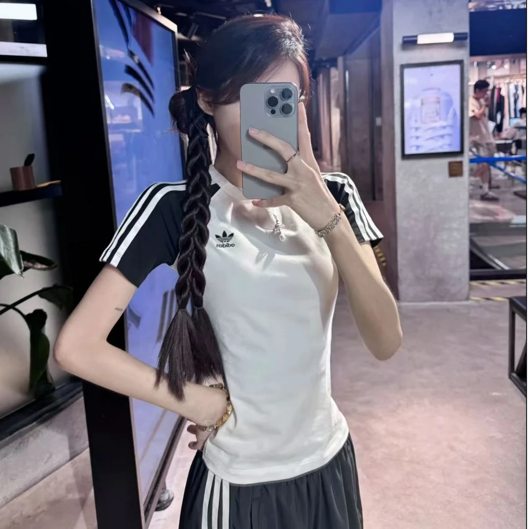 Adidas三叶草ADICOLOR琥珀流光运动修身拼接短袖T恤JD0834 JV7192