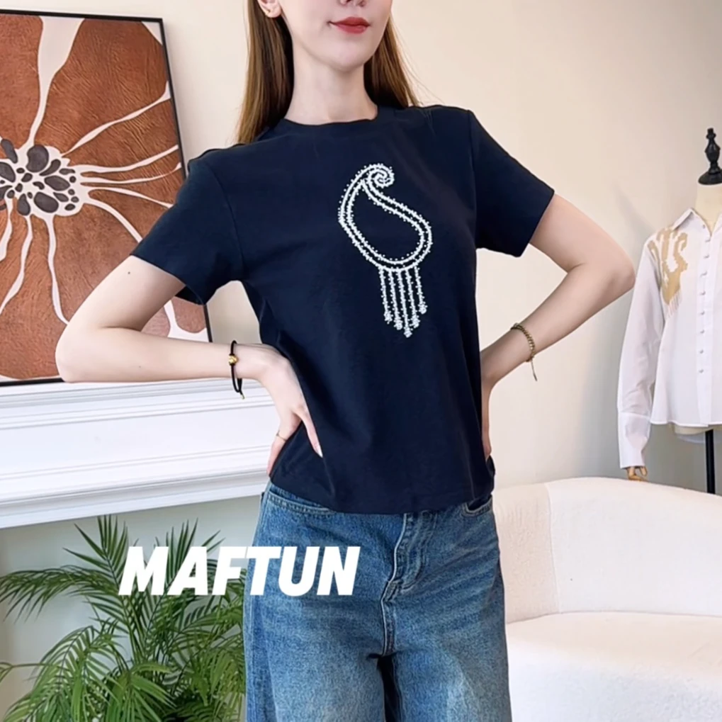 Maftun原创民族风珠绣弹力短袖休闲百搭夏季透气上衣T恤黑色