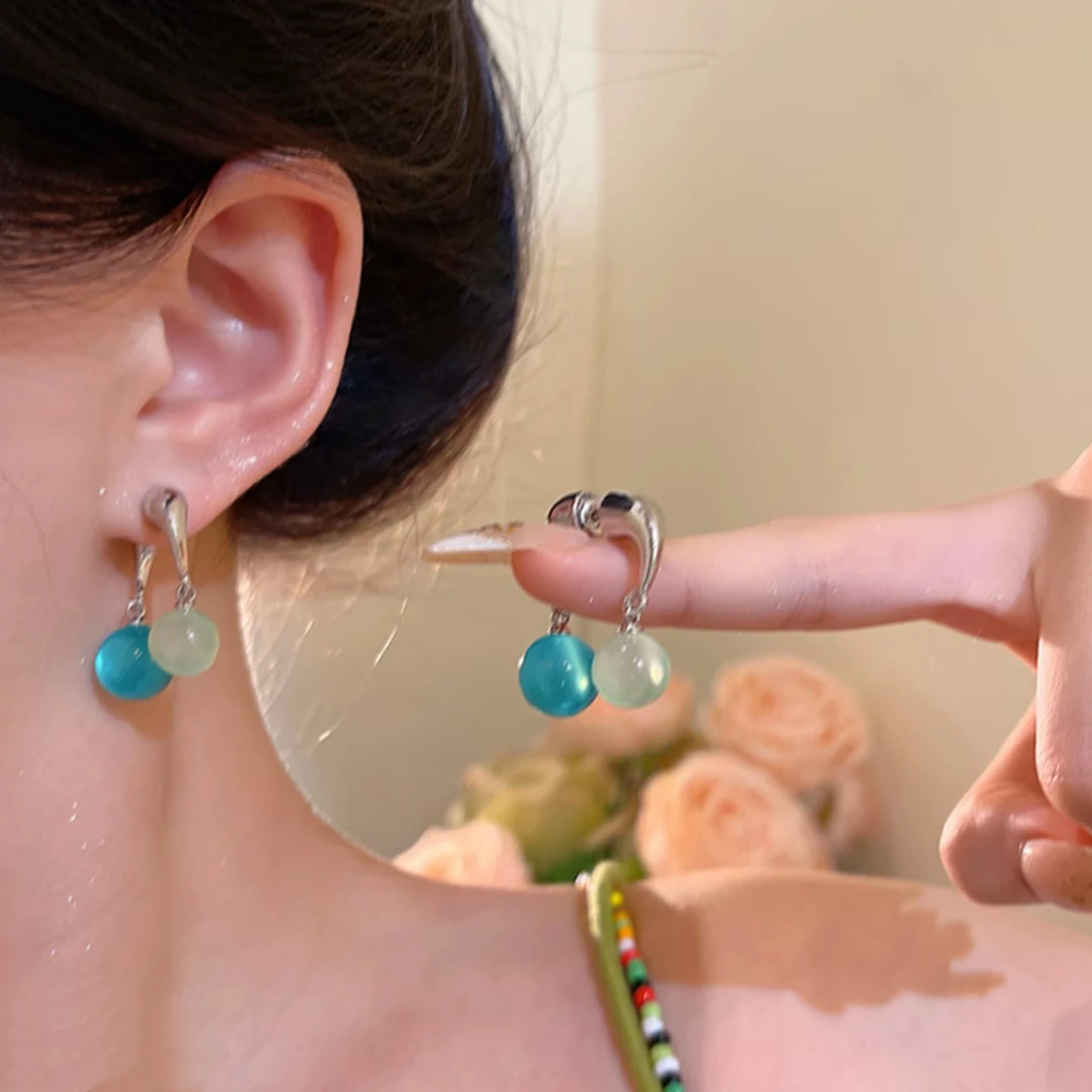 铜合金耳饰 【青蓝汽水】夏天小众设计感清透珠珠耳环高级轻奢耳饰2