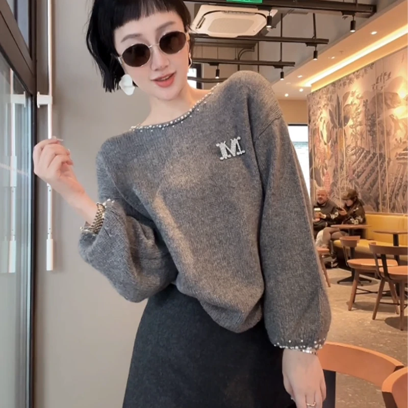 XIAOBAI时尚圆领毛针织衫女2025新款秋冬季珍珠打底衫上衣