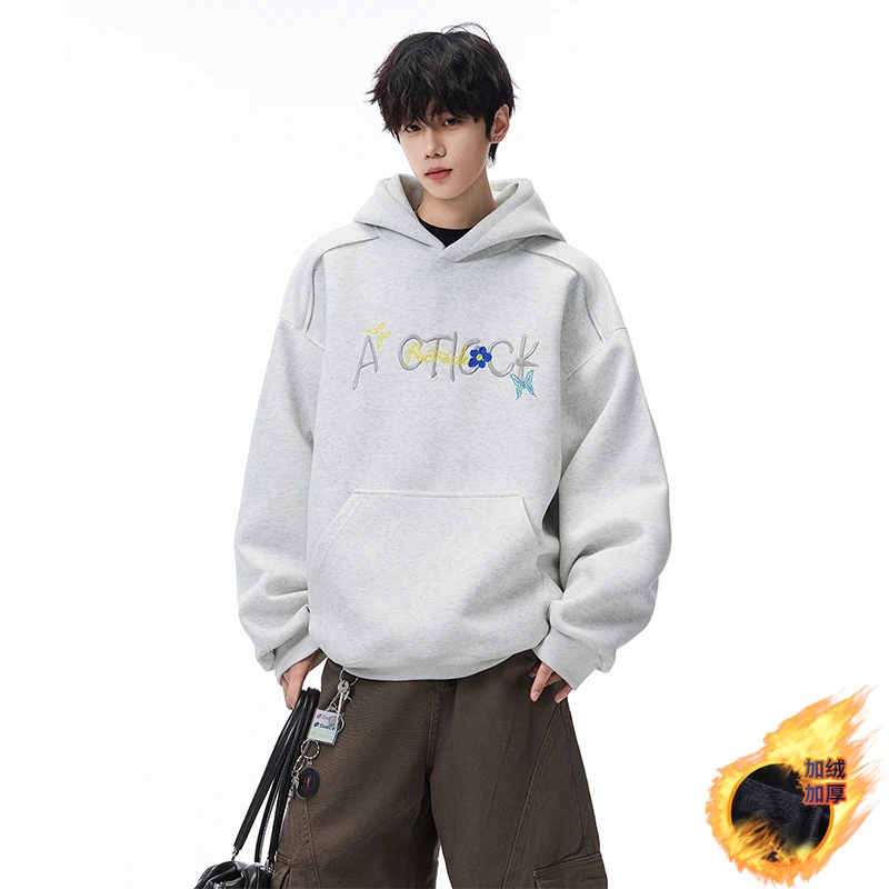 加绒加厚字母刺绣连帽卫衣男女秋冬季新款宽松重磅硬挺帽衫外套