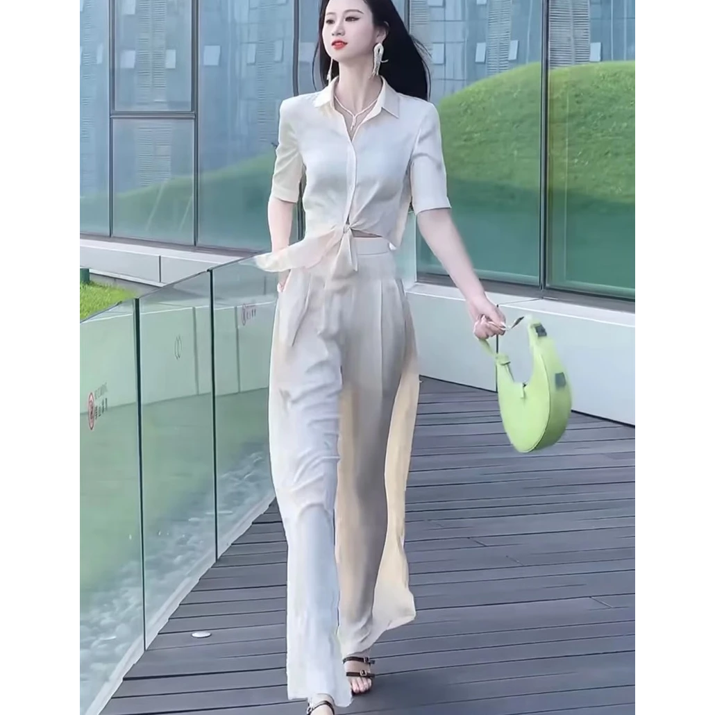 2025夏季新款时尚套装女设计感系带短袖衬衫高腰显瘦阔腿裤两件套
