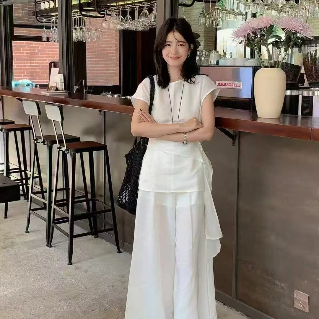 8047度假老钱风 绑带气质上衣阔腿裤套装