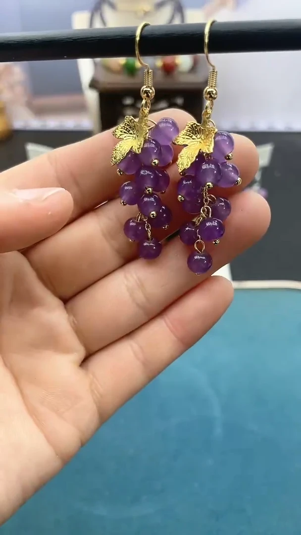 【闪购商品】玛瑙/玉髓耳饰14K金镶嵌紫色葡萄耳钩