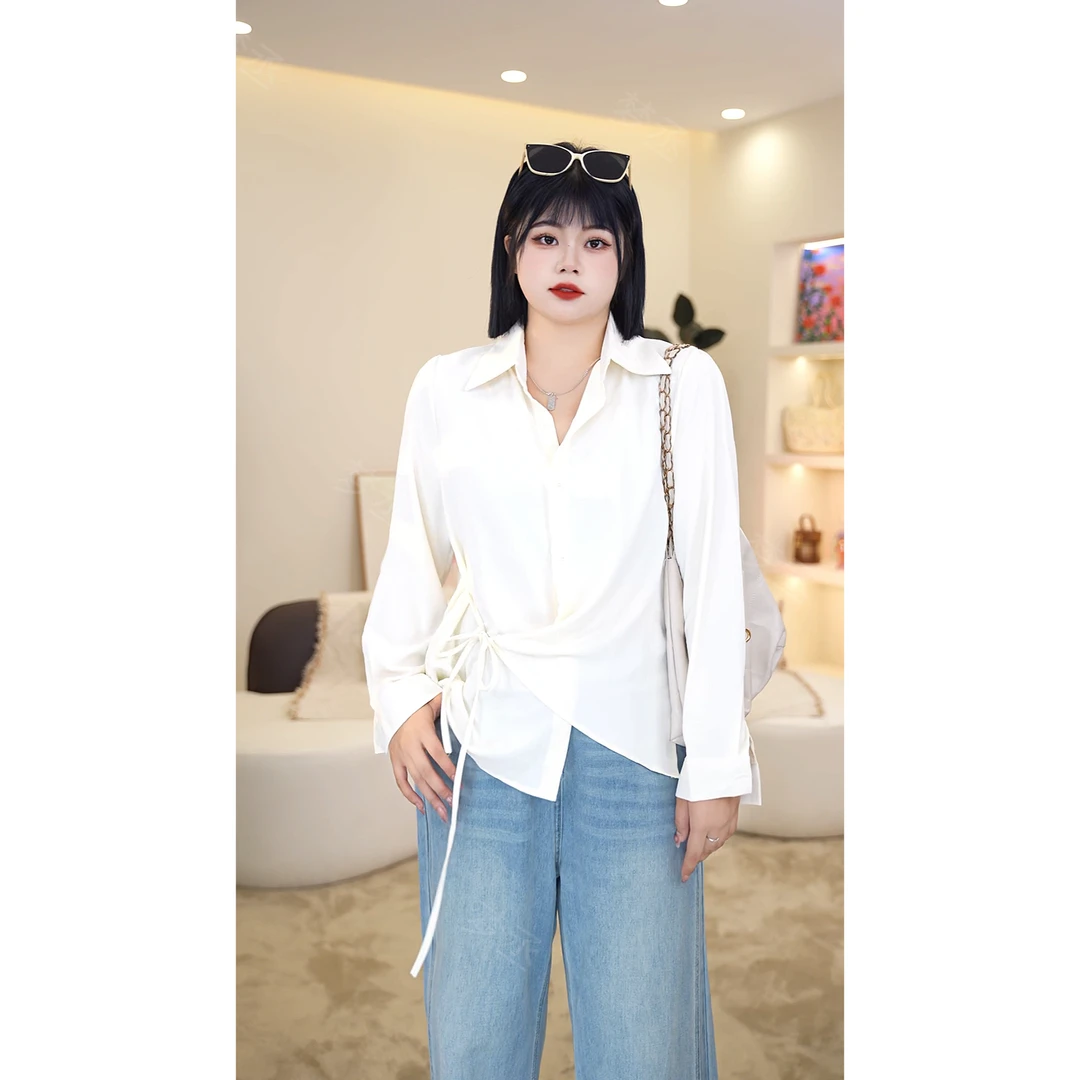 梦丞-微胖妹妹大码女装舒适柔软宽松显瘦百搭纯色系带长袖衬衫