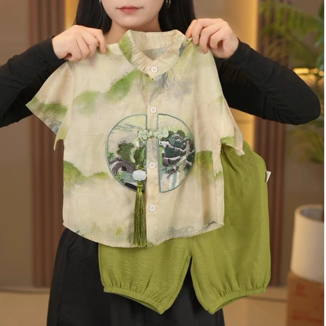 【3山水画】汉服男童夏季2025新款儿童中式短袖两件套男孩夏装唐装
