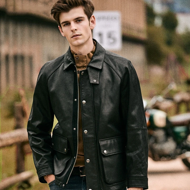 MCS合身版皮衣山羊皮擦色做旧男士复古猎装皮夹克冬款CW25WJ721M