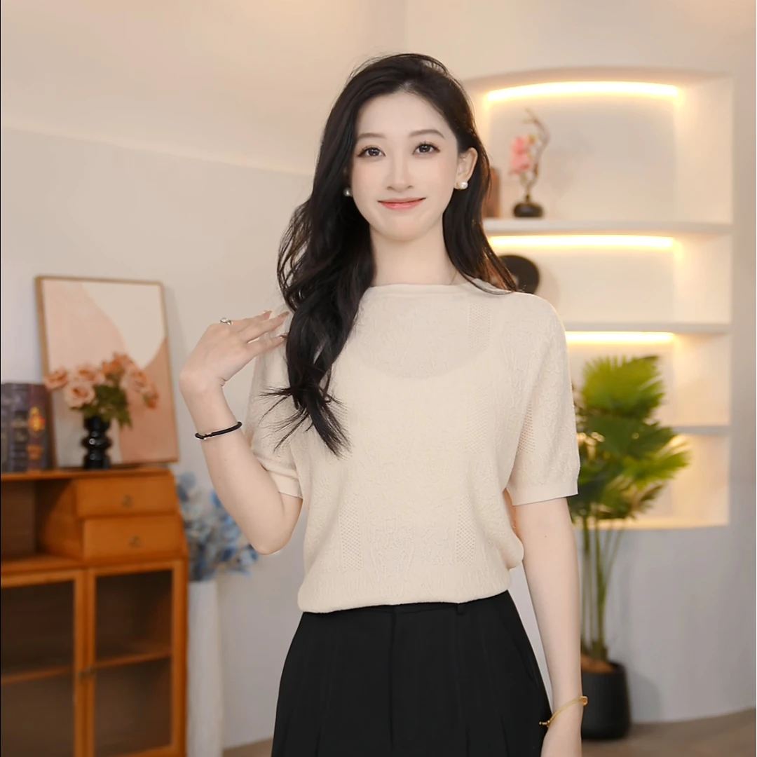 【曼贝】宽松型女短袖毛针织衫百搭休闲针织衫优雅8542323【月月】