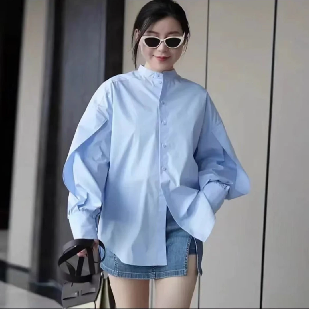 哥弟百搭宽松长袖衬衫气质衬衣蓝色时尚休闲设计感1300870外搭