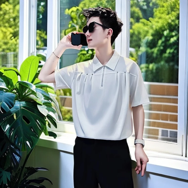 娜罗普西半拉链短袖POLO衫男士夏季冰丝潮牌男装新款有领T恤男款