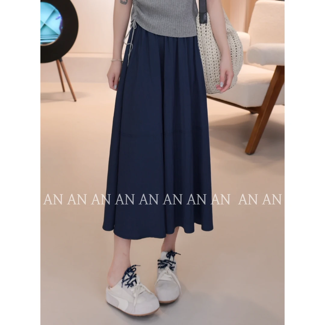 C04019新款复古工装纯色中长款松紧腰大摆A字伞裙半身裙女装