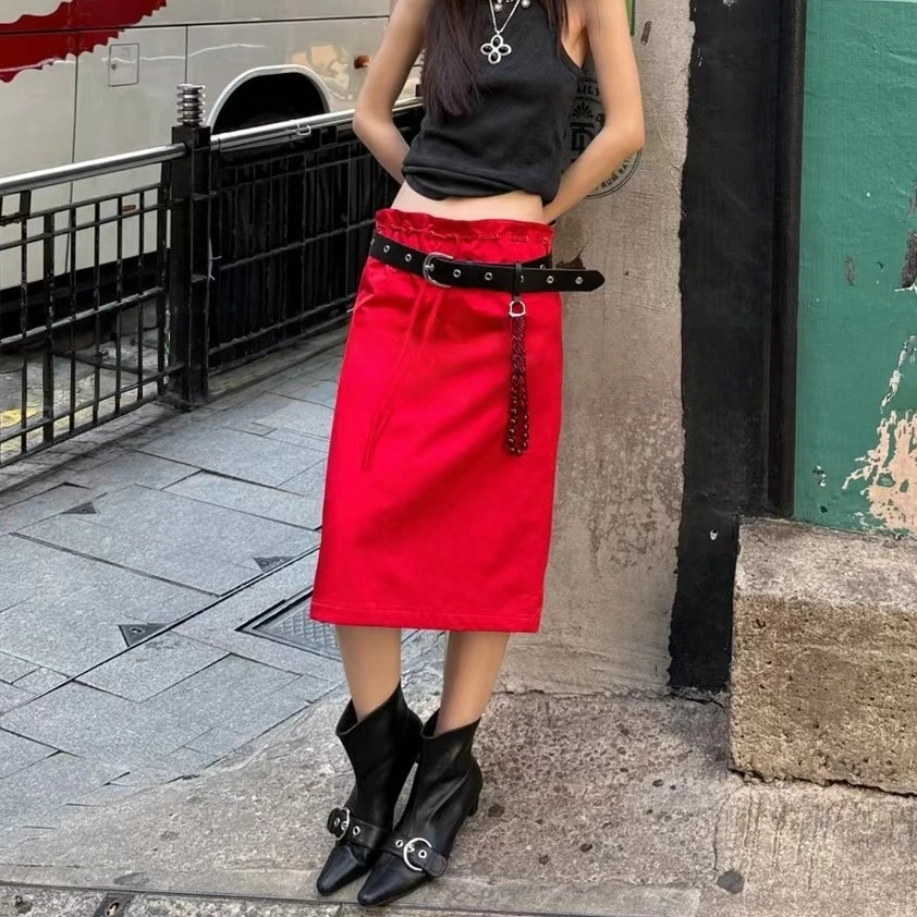 NICE圈圈、波浪抽绳腰超洋气纯色包臀半身裙A25Q185