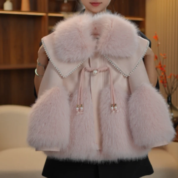 AODUOSEN/奥多森高端定制女童粉色黄扣小香风皮衣一体毛毛外套