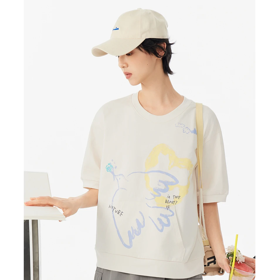 飞鸟和新酒白色宽松短款印花T恤女夏百搭纯棉上衣FD530091037