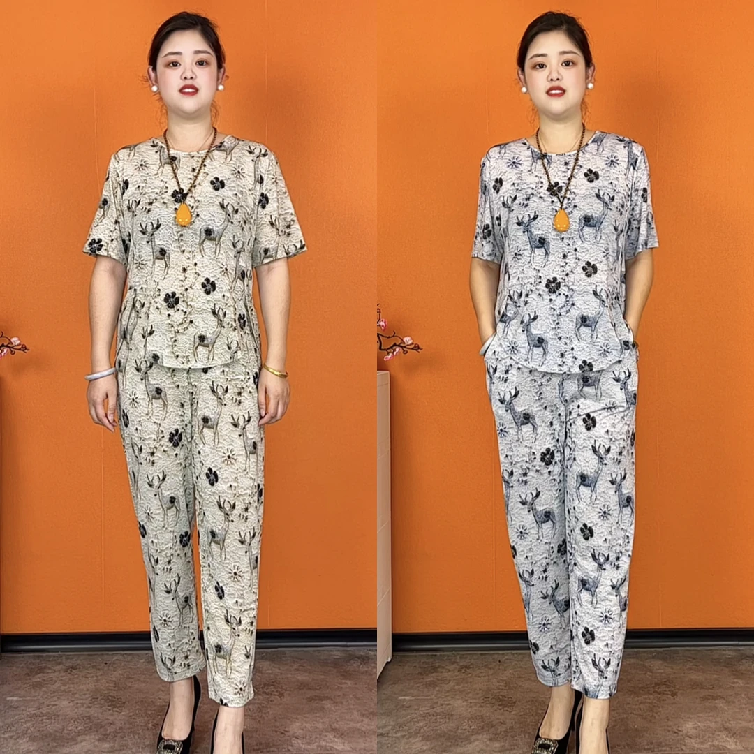 2025显瘦洋气休闲夏季宽松印花减龄大码花色女士九分裤小鹿花套装