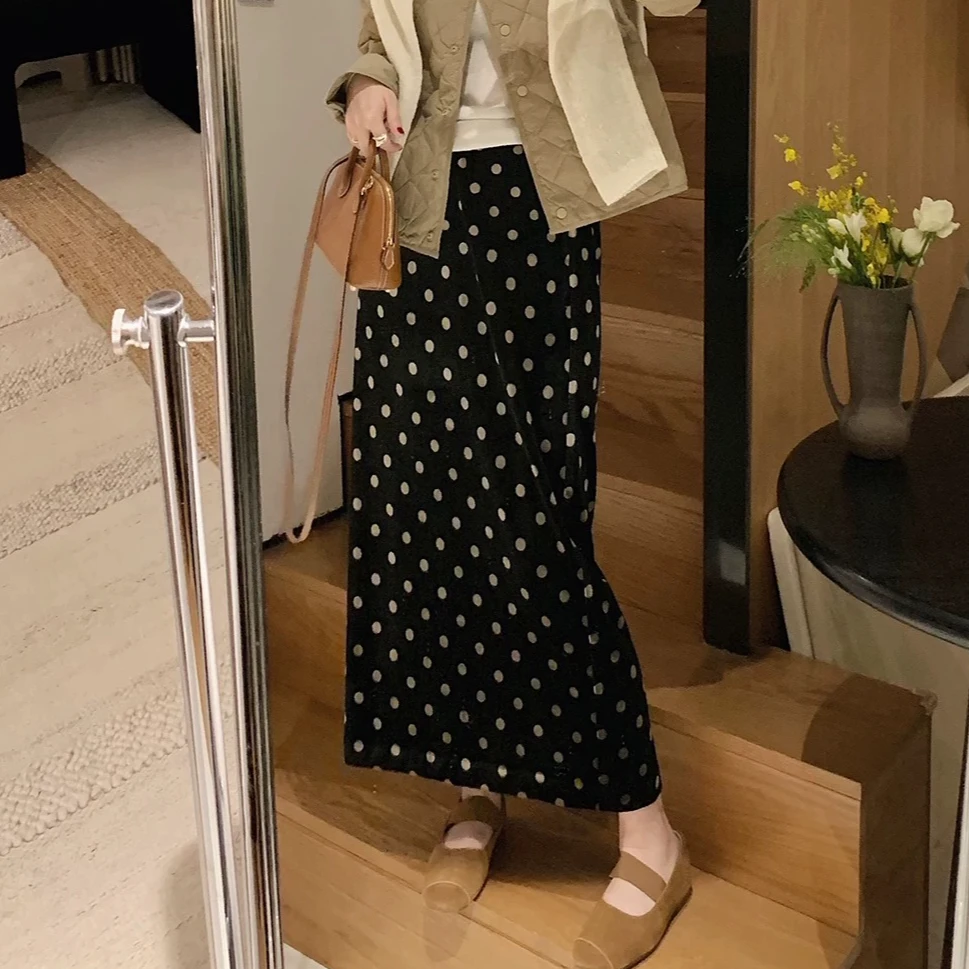 【晨浠定制】新款气质显瘦波点丝绒中长加绒半裙956