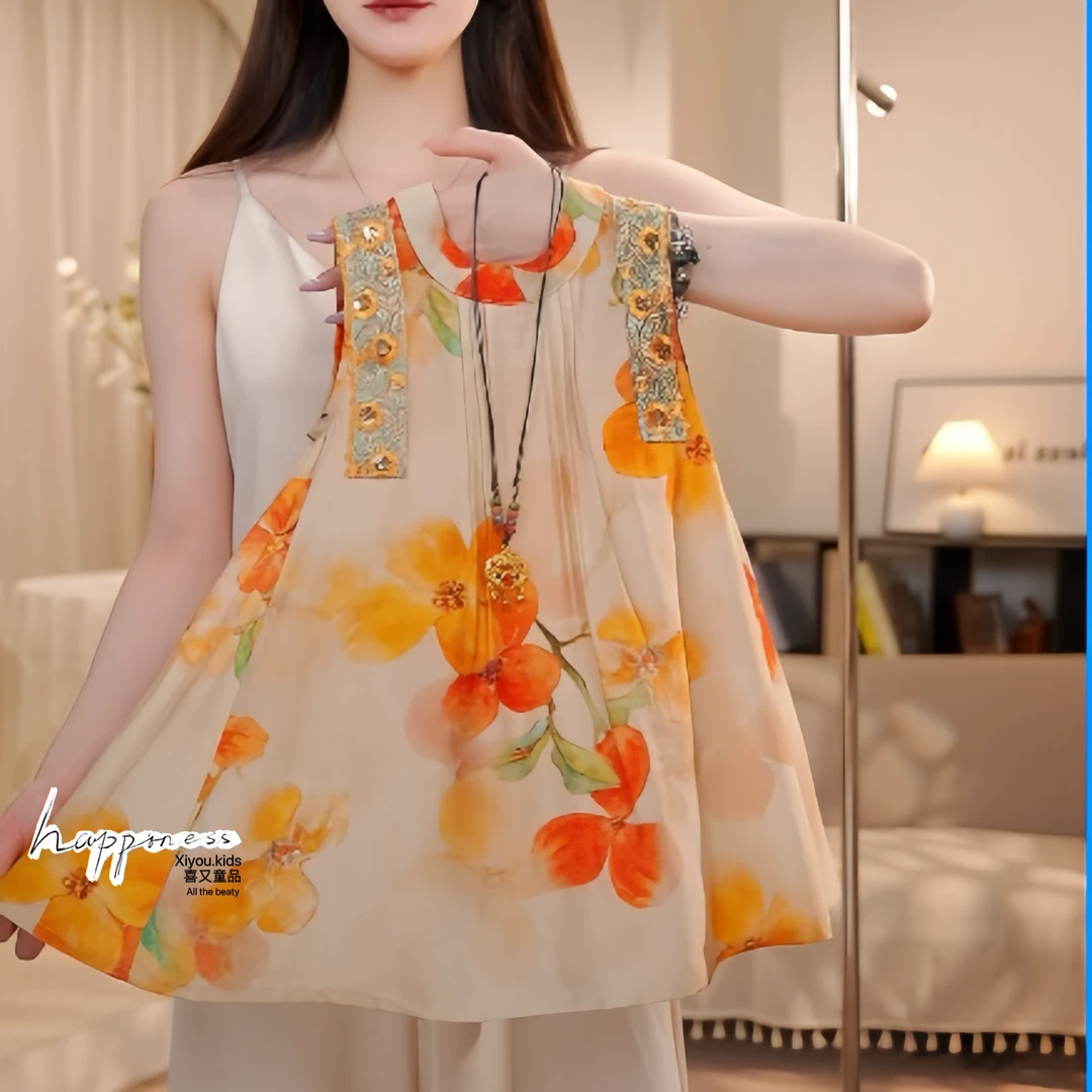 25年夏季女童新款民族花卉宽松无袖背心裙公主连衣裙25289