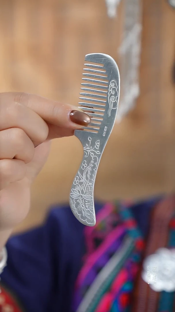 珐琅足银999莲花祥云银梳子