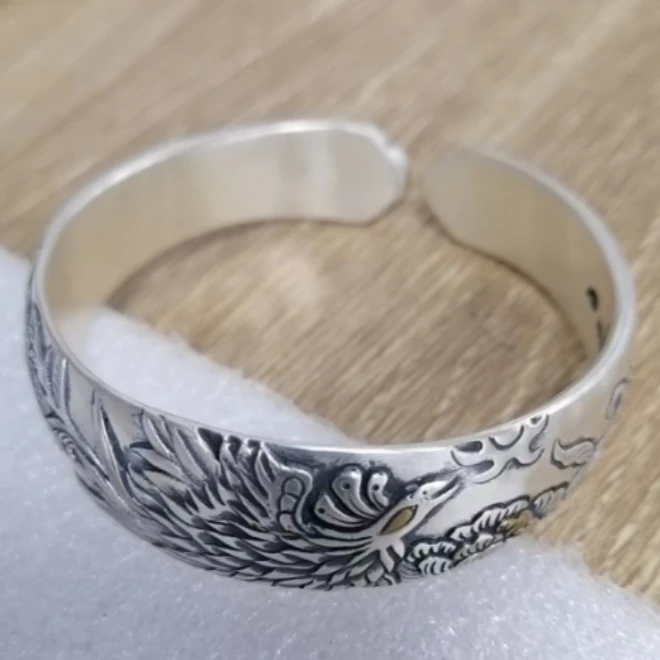 九乐 足银手镯 牡丹凤鸟如意开口手镯