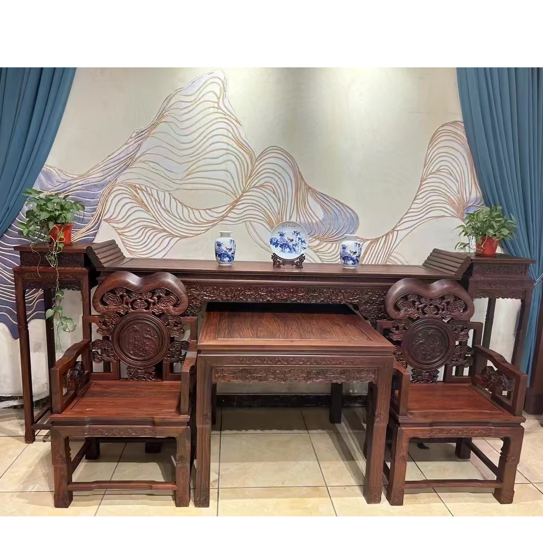 中堂新款古典六件套和十二件套新中式客厅实木家具家用雕花古家具
