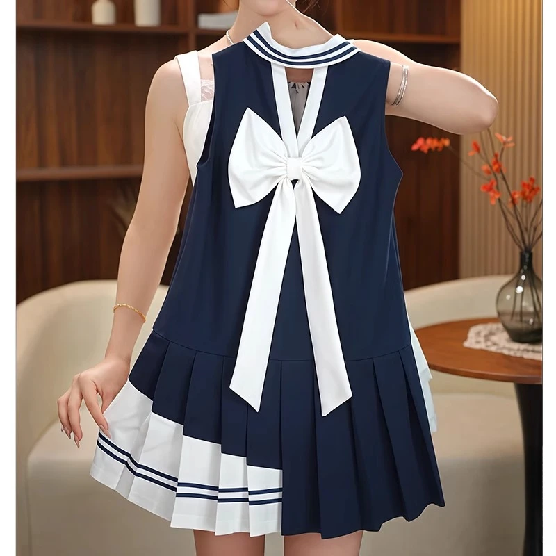 女童学院风连衣裙2025夏季露背蝴蝶结polo领百褶裙背心裙运动时髦