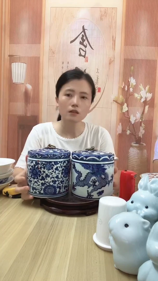 瓷茉**茶复古青花直筒罐2个