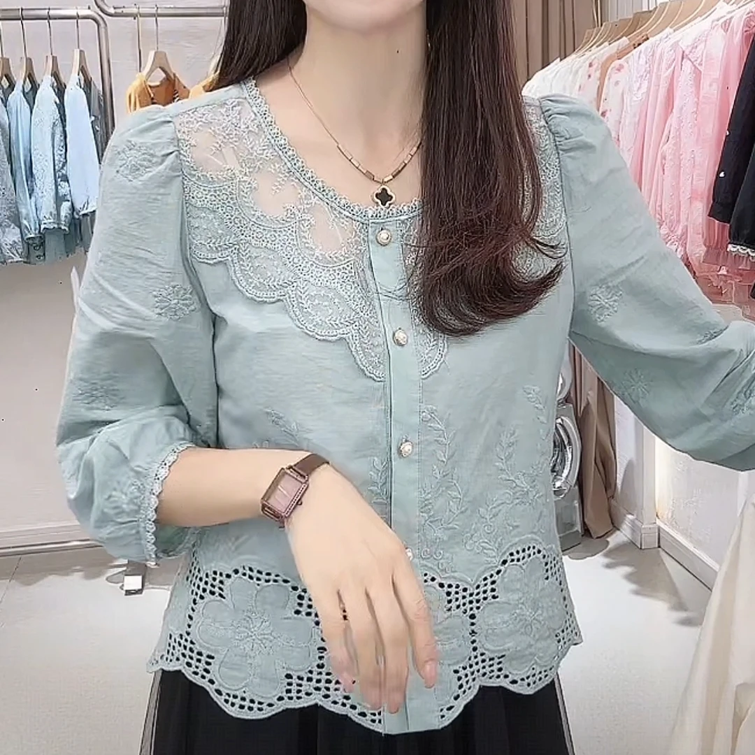 2025早秋新款田园小香风衬衫淑女圆领花边七分袖宽松甜美女士上衣