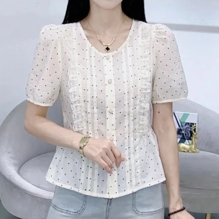2025显瘦衬衫法式夏季短袖圆领成人泡泡袖衬衫波点时尚夏装洋气女