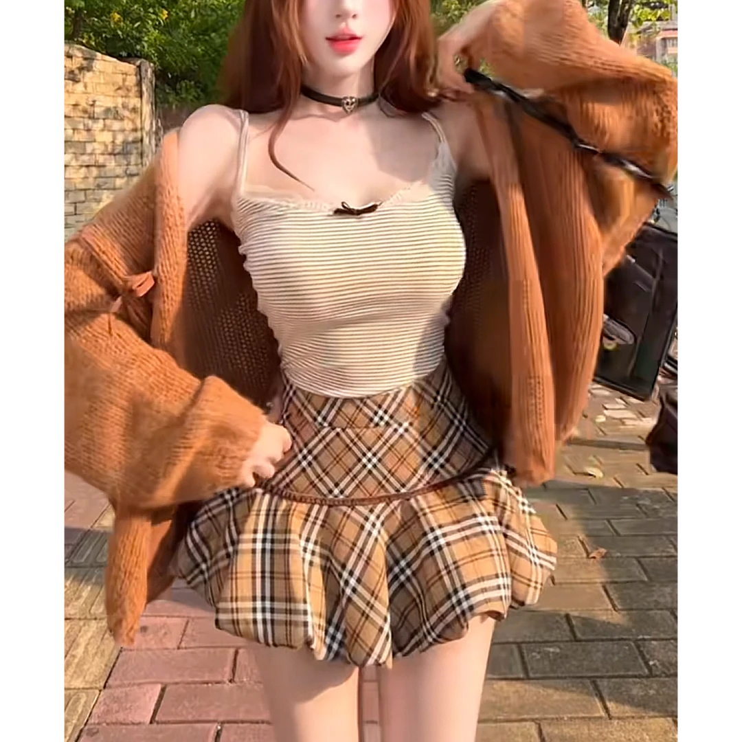 纯欲慵懒风长袖毛衣外套上衣女2025秋季新款百搭格子半身裙两件套