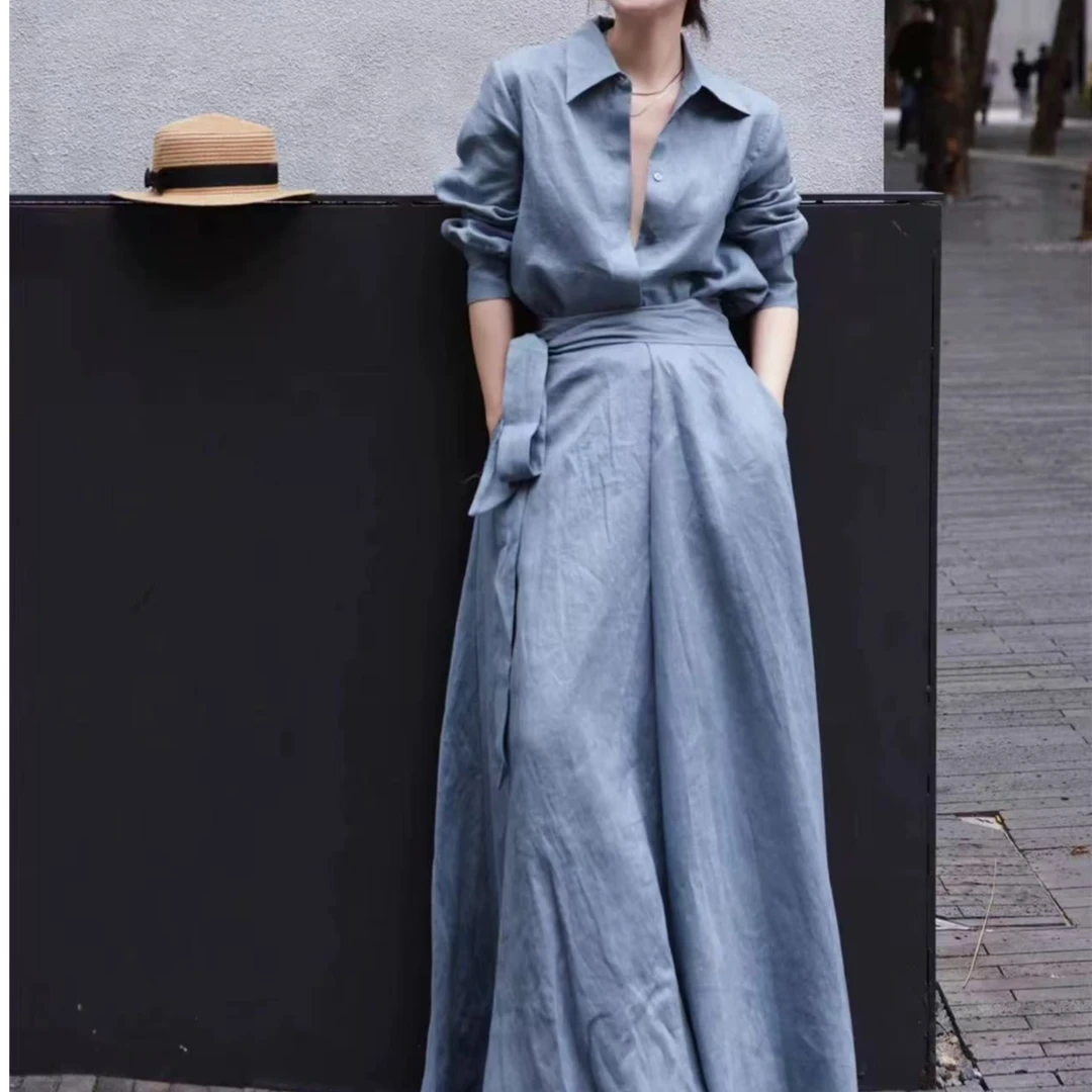 （老钱说）亚麻衬衫女复古开衫上衣加收腰半裙套装CH388A8251147912