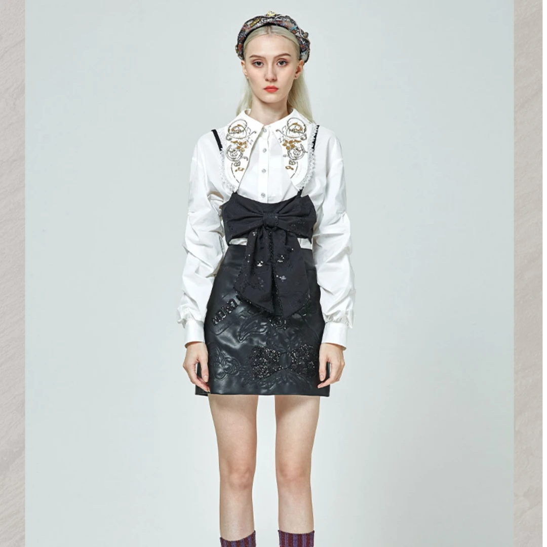 【媛媛女王专享】LULUALWAYS亮片蝴蝶结短半裙A字短裙小皮裙