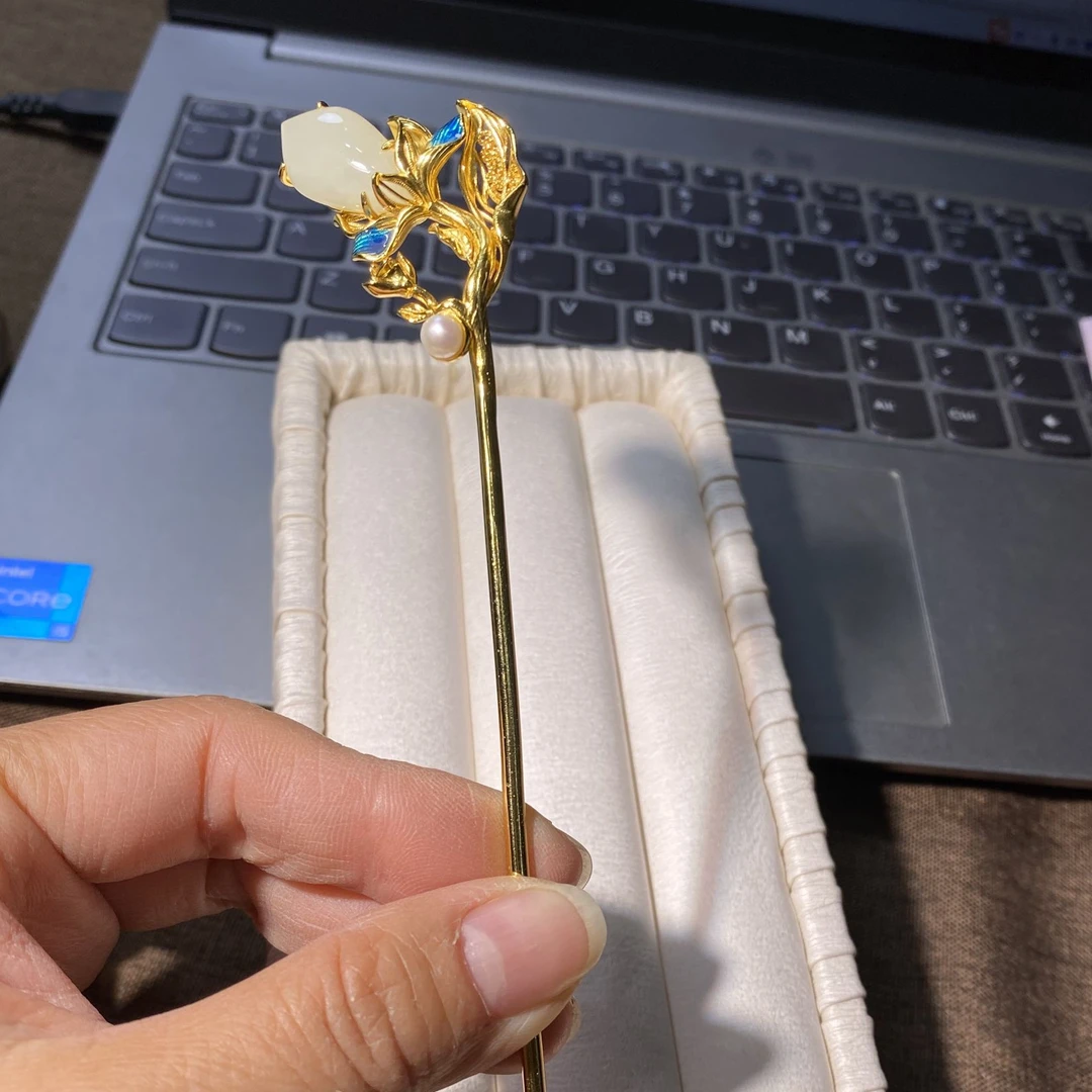 S925银镶和田玉水滴珍珠发簪