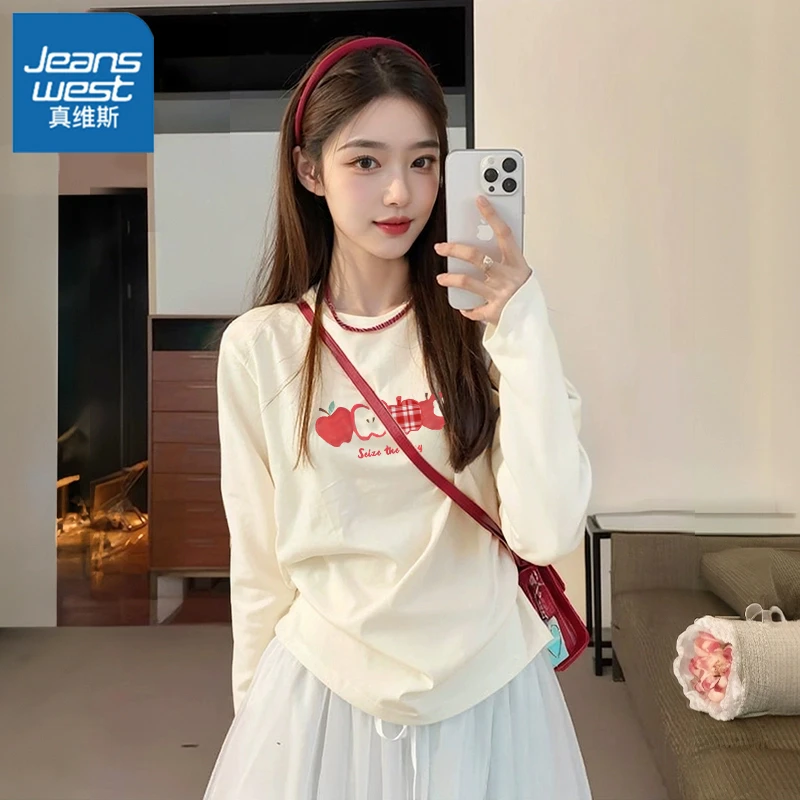 真维斯长袖t恤女2026新款早春薄款宽松纯棉时尚洋气内搭打底上衣