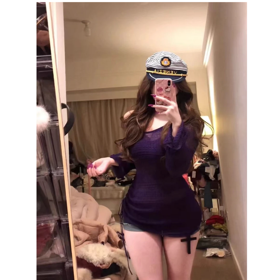 暗夜迷幻紫色！！性感超显白收腰针织衫上衣~小心机一套热辣套装