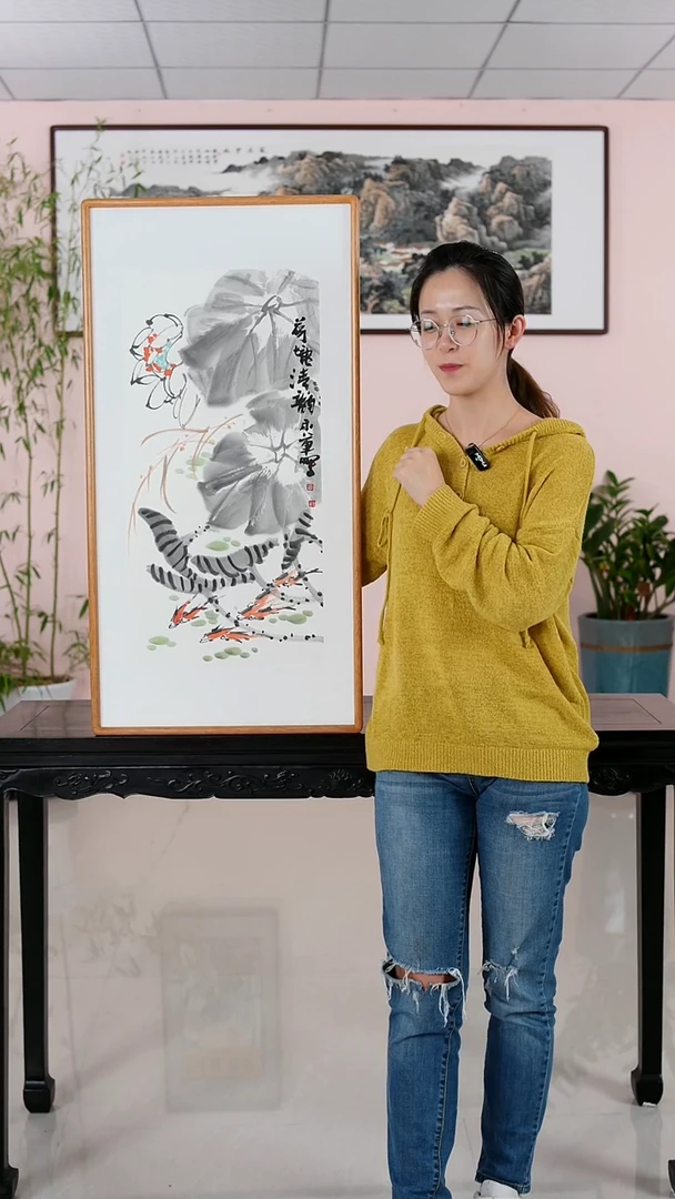 国画杨永军《荷塘清韵》纯手绘檀木/柚木框92*47厘米