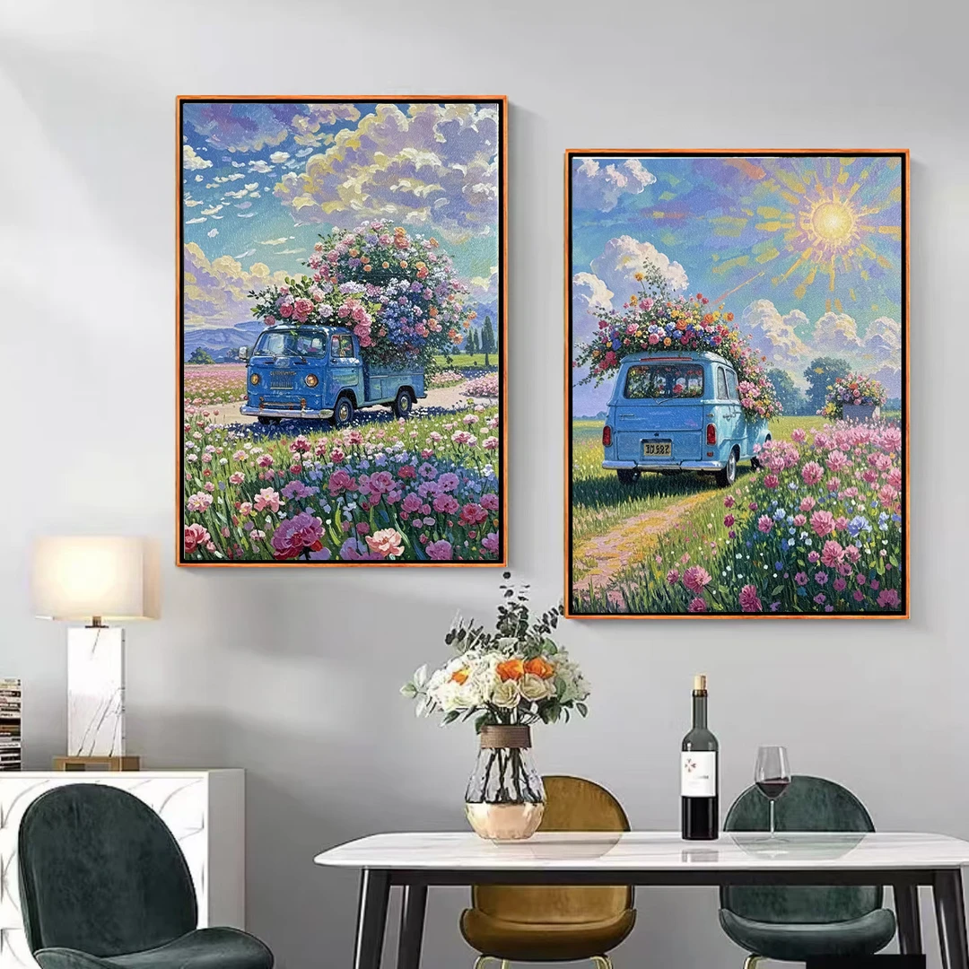 《浪漫花车》治愈系客厅装饰画小清新卧室壁画蓝天白云风景挂画