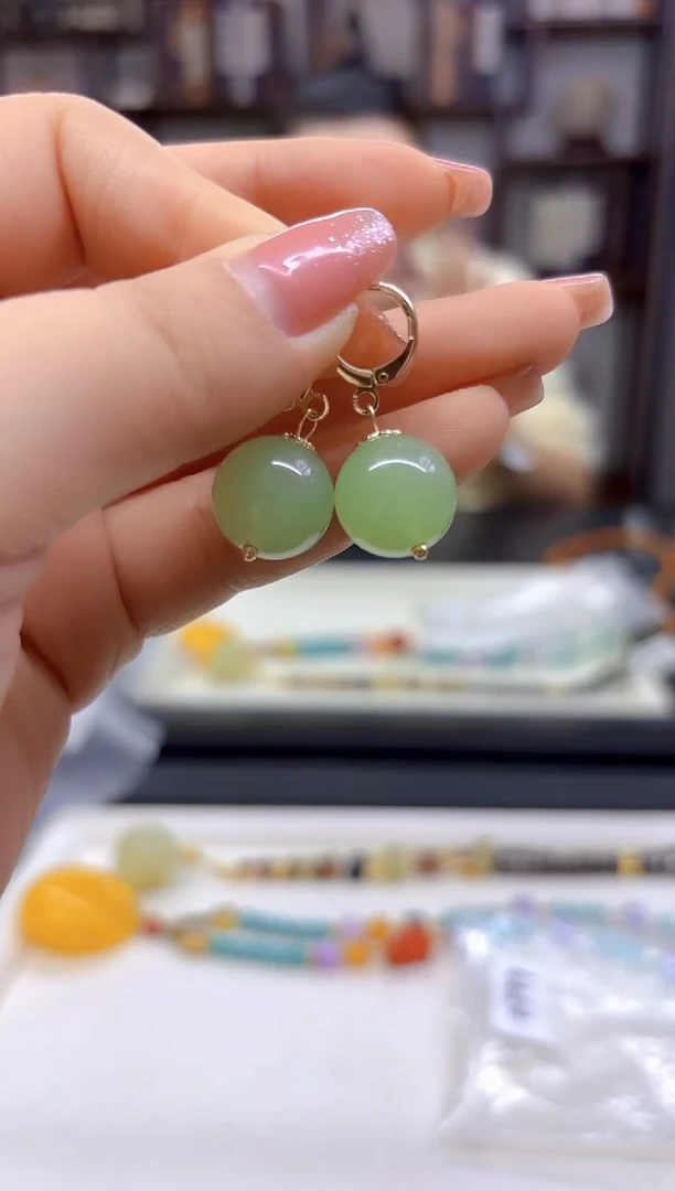 【闪购商品】和田玉（青玉）耳饰14K金镶嵌E599