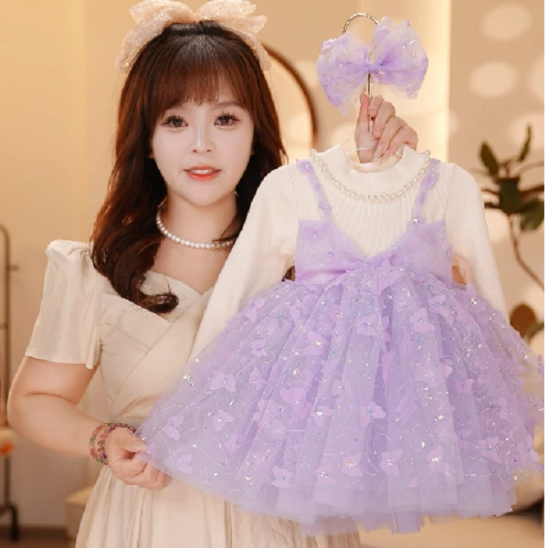 【Y.n8997】25新款洋气女宝长袖拼接网纱公主裙女宝气质蓬蓬连衣裙