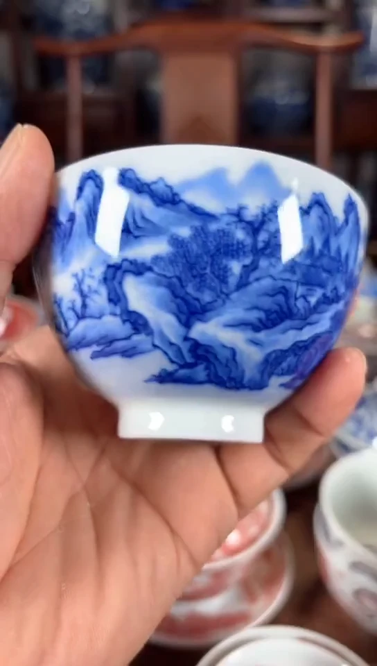 柴窑青花山水纹杯杯