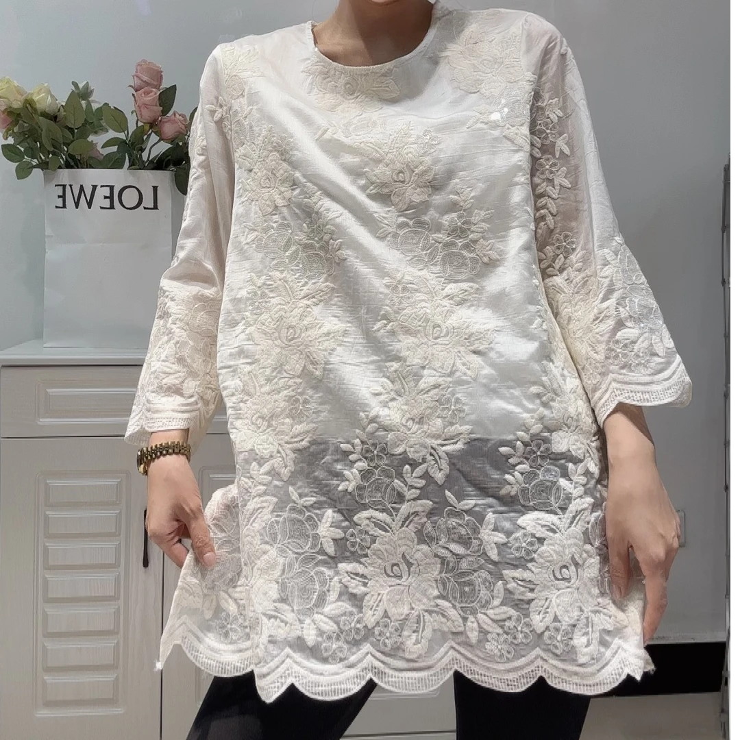 【原创大码设计师款】2025新款时尚高品宽松刺绣亮片上衣0325