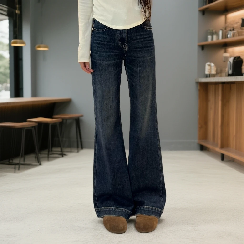 宿慕SUMU薄绒喇叭牛仔裤2025新款秋冬显瘦直筒微喇牛仔裤女32985