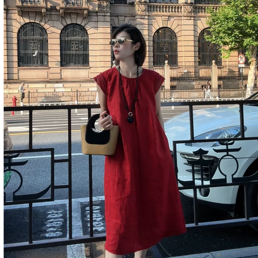 虾皮欧货2025夏季新款时尚简约优雅圆领无袖亚麻小飞袖连衣裙显瘦