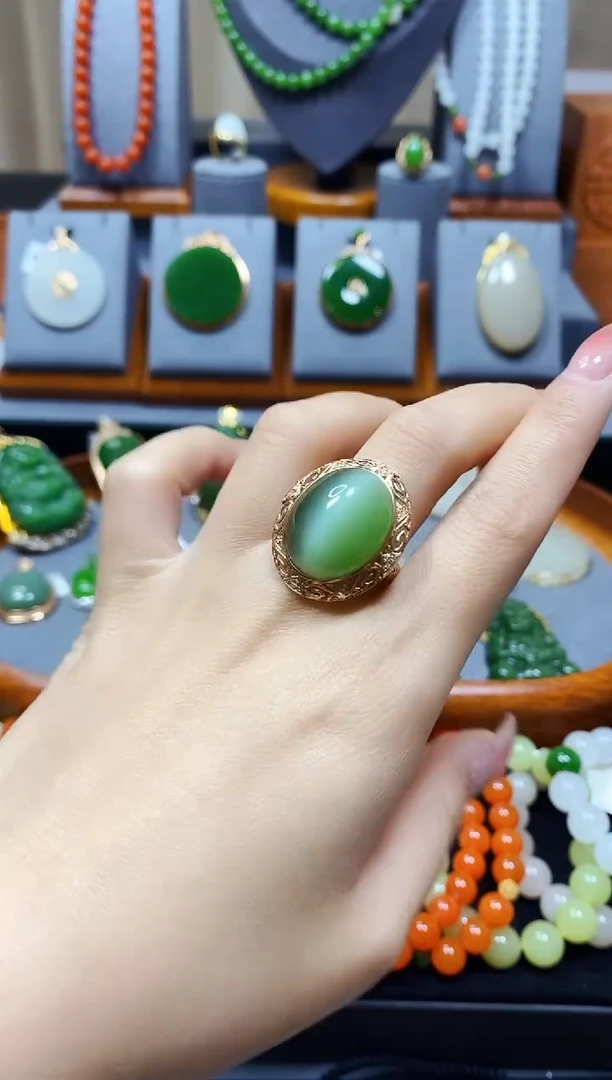 【闪购商品】和田玉碧玉冰猫眼戒指18K金镶嵌*玫瑰金色-收藏