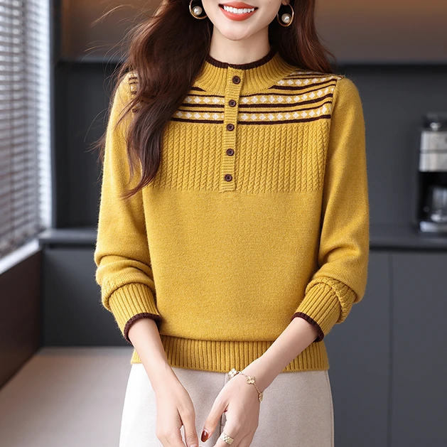 半高领套头羊毛衫女秋冬新款拼色提花上衣宽松羊毛混纺提花针织衫