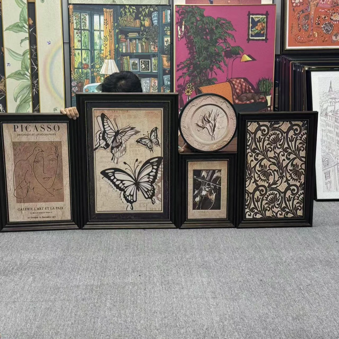 法式复古客厅装饰画小众艺术高级感组合壁画中古风沙发背景墙500