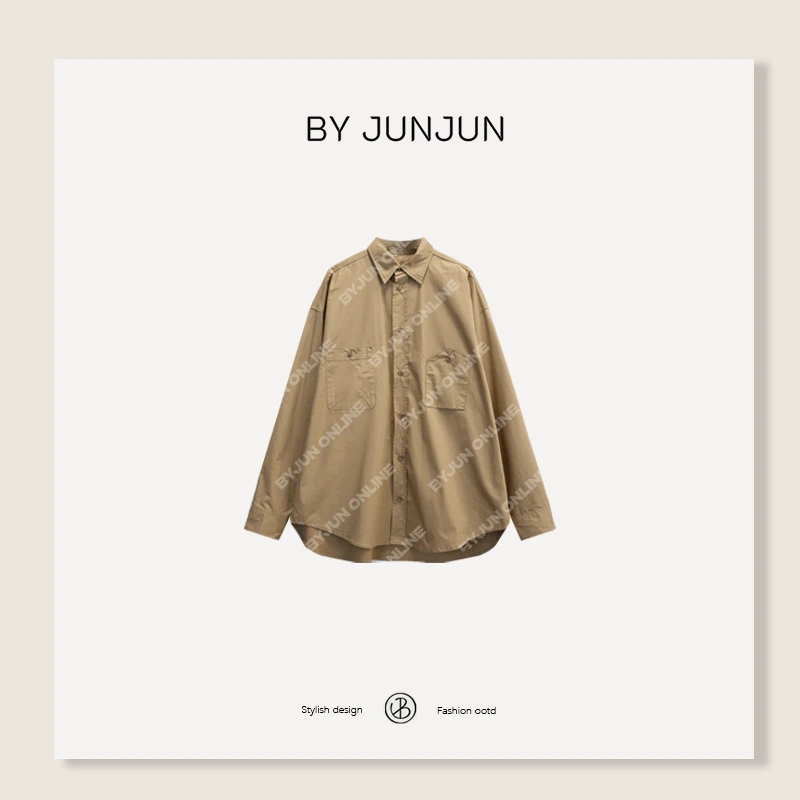 ByJunjun双领大版立裁感衬衣原宿休闲明线装饰秋季衬衫