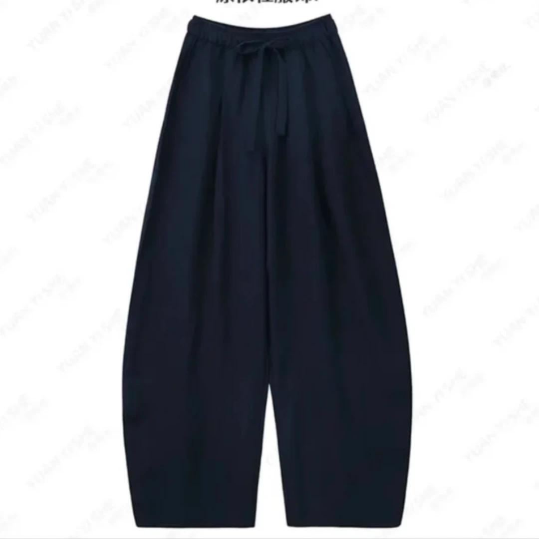 天丝亚麻夏季时尚百搭抽绳松紧腰简约弯刀裤休闲裤