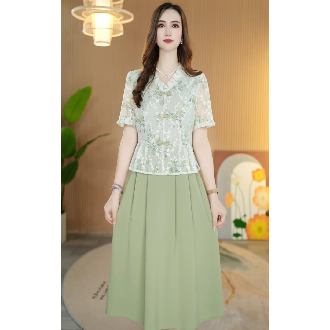 2533-夏季新款时尚气质收腰显瘦洋气减龄假两件短袖中长款连衣裙