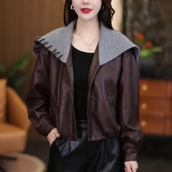 加绒加厚秋冬宽松型25海军领短款皮衣宽松韩版短外套夹克显瘦气质