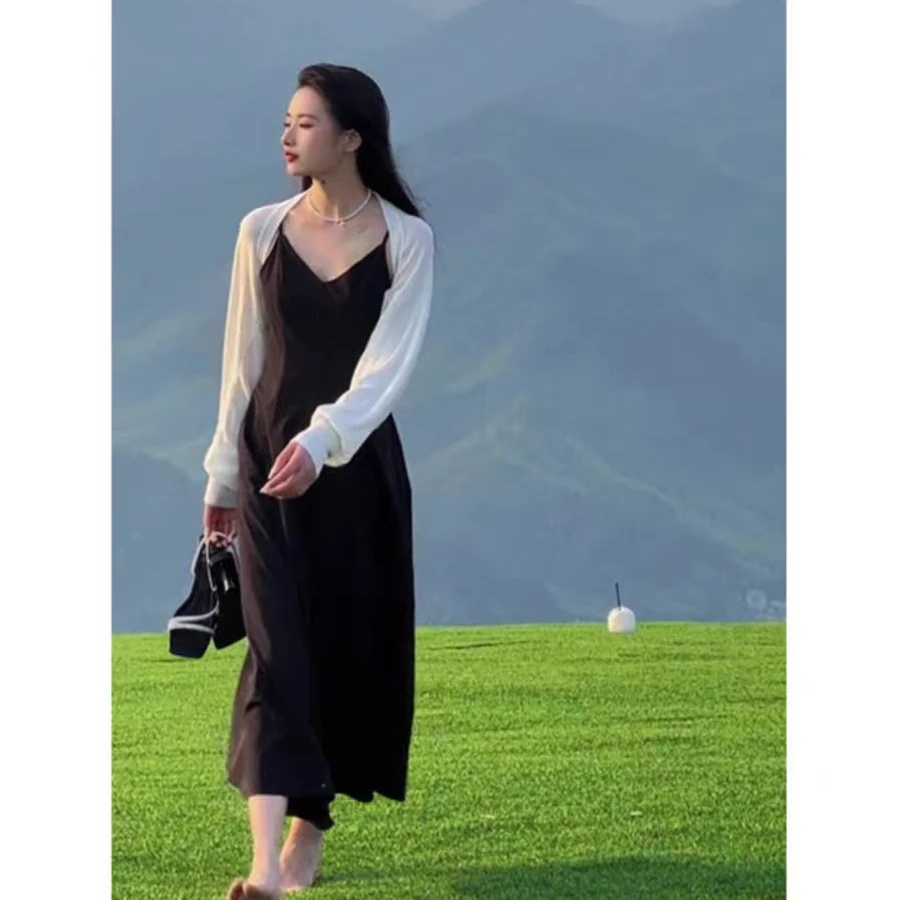 时尚气质显瘦外披+吊带连衣裙两件套套装21款